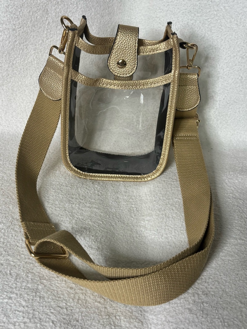 Gold Clear Crossbody Phone Case with Adjustable Tan Strap